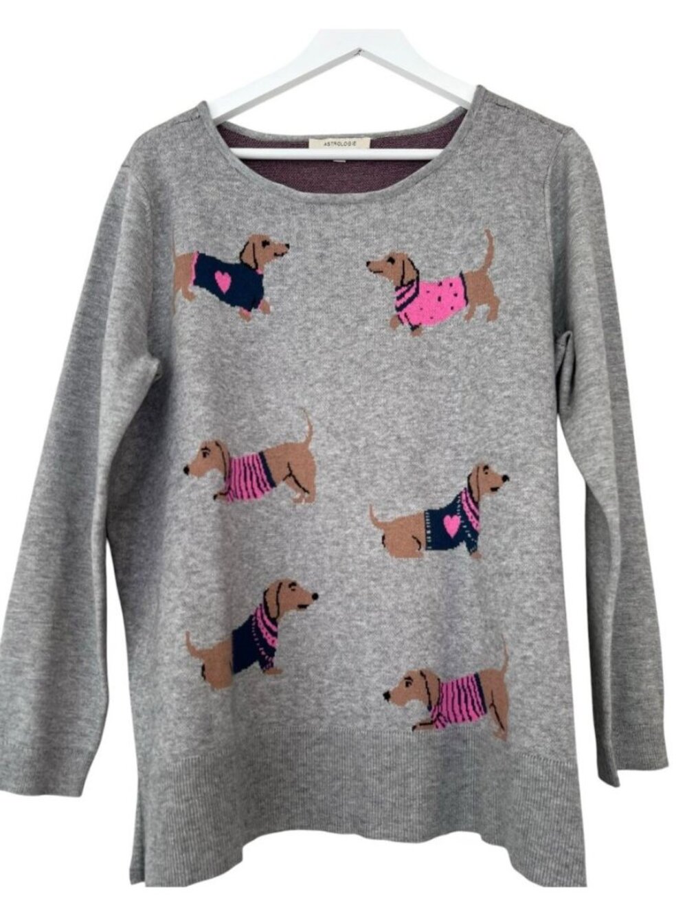 Astrologie Gray Dachshund Doxie Novelty Knit Sweater Women's Size L Wiener Dog